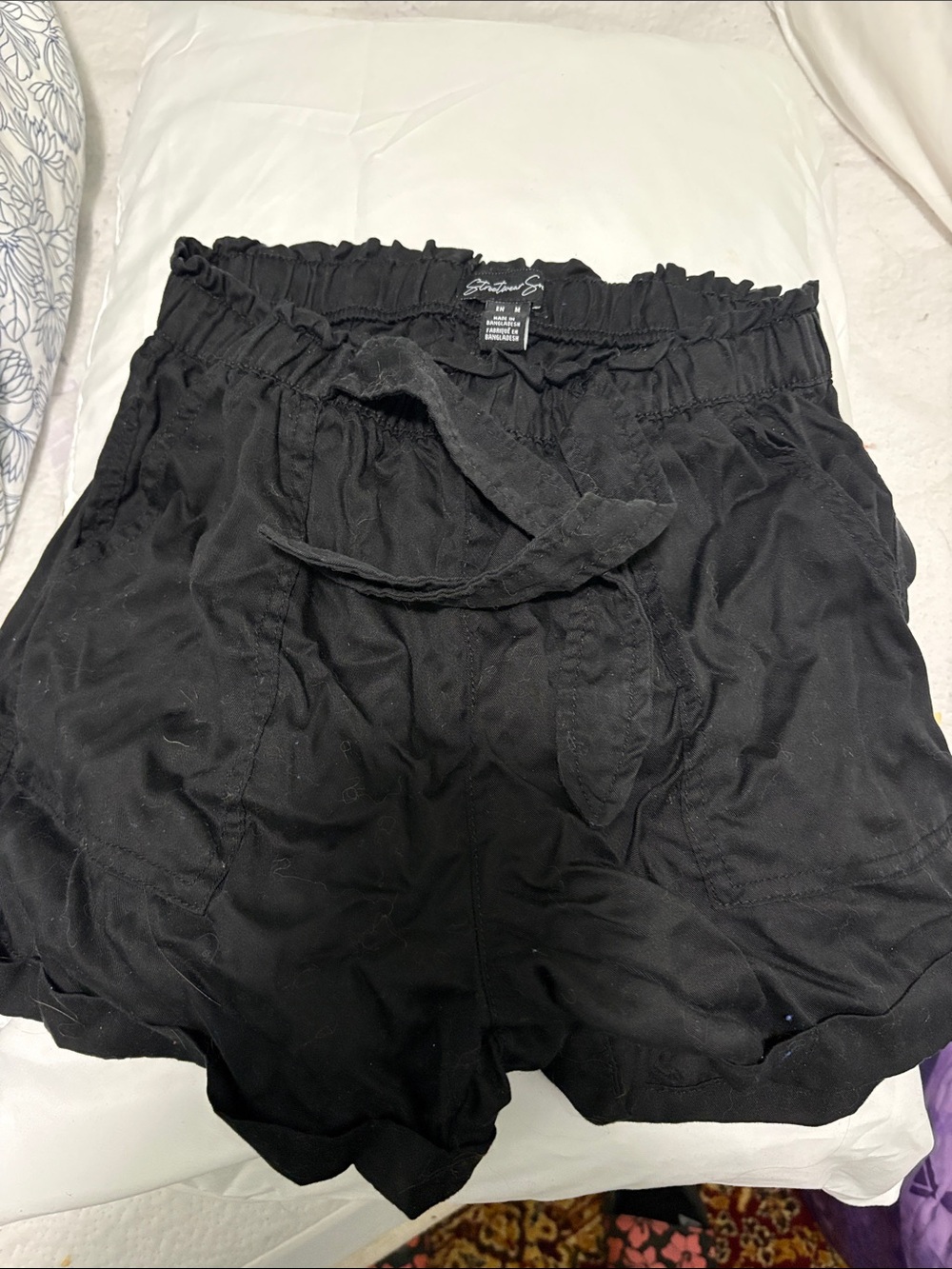 Streetwear Society Black Paperbag Waist Drawstring Shorts